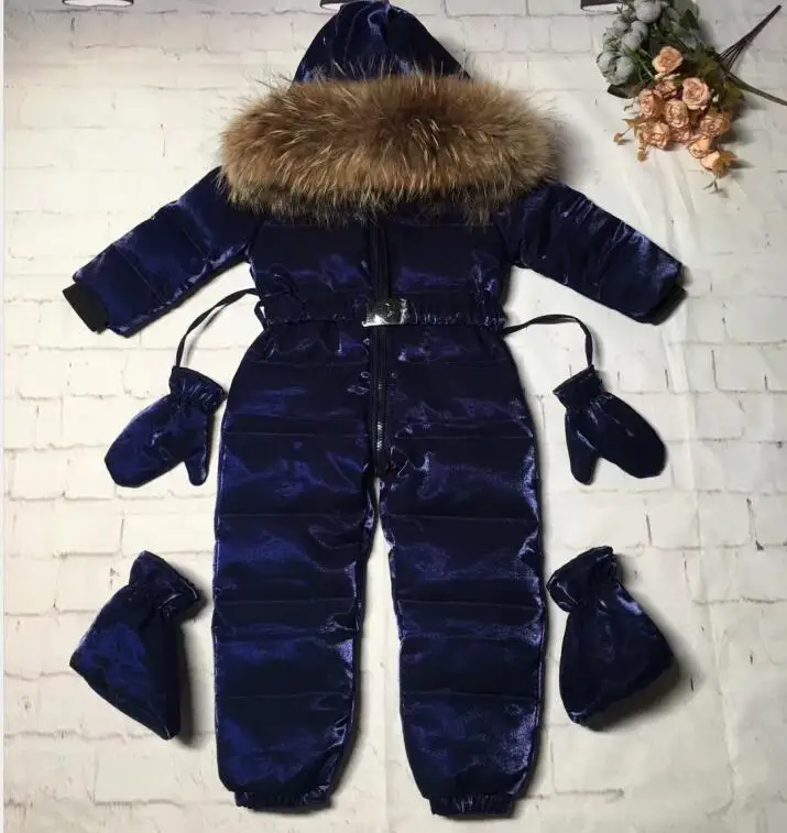 Зимняя куртка с капюшоном и натуральным мехом; детские куртки; Детский комбинезон; зимний костюм; комбинезон с цветочным рисунком для девочек; Пуховый комбинезон; лыжные костюмы; верхняя одежда - Цвет: Синий