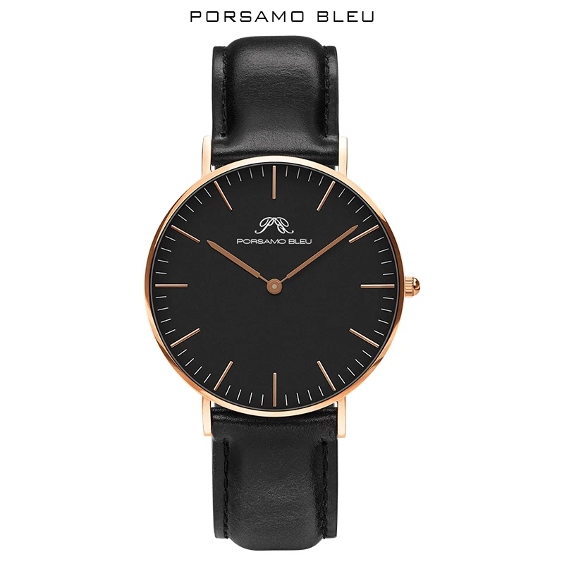 PORSAMO BLEU высококачественные женские часы черные с кожаным ремешком кварцевые часы из нержавеющей стали часы для женщин часы онлайн - Цвет: Black rose black