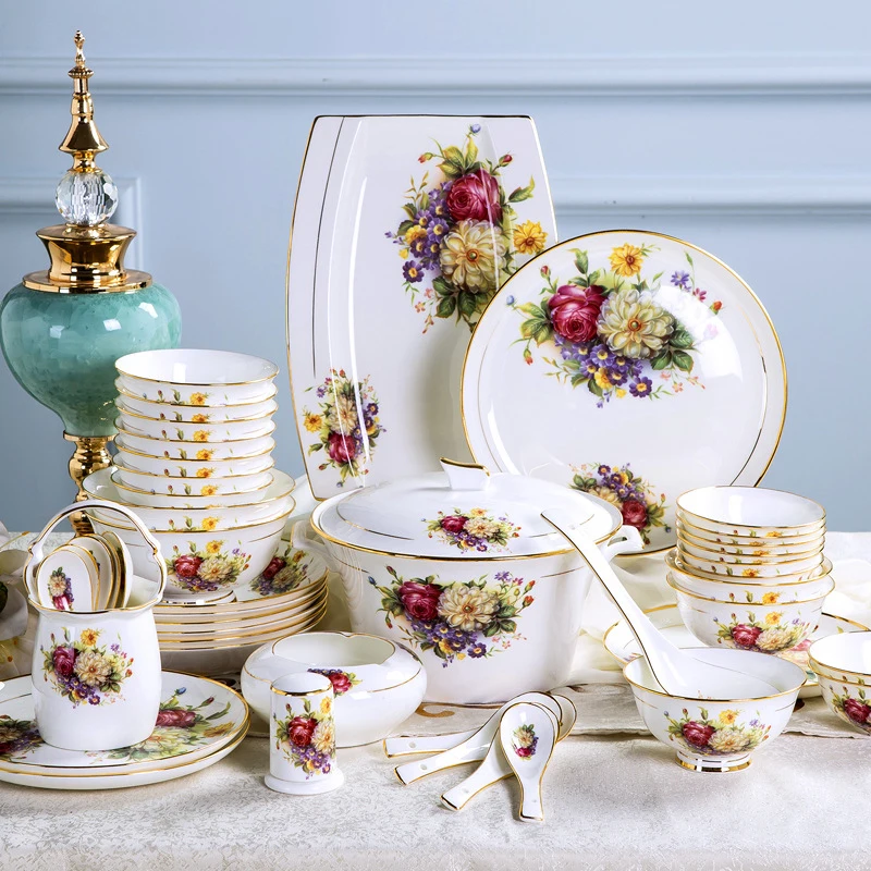 

60pcs High Quality Jingdezhen Flower Overglaze Ceramic Tableware Household Bone Porcelain Tableware Set