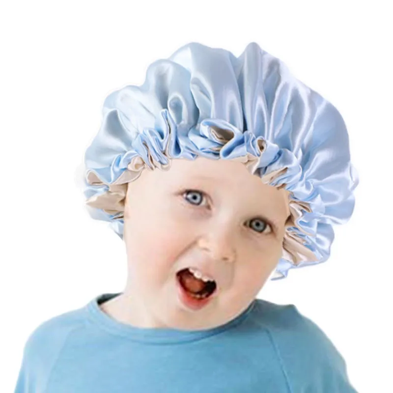 

New Child Reversible Satin Bonnet double layer adjustable Sleep Night Cap Head Cover Bonnet Hat for For Curly Springy Hair Black