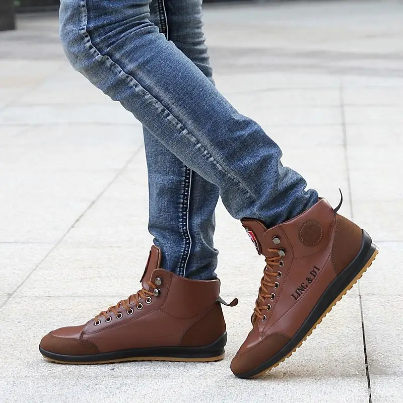 Мужские кожаные ботильоны; повседневные флисовые теплые ботинки на шнуровке; модная водонепроницаемая обувь на плоской подошве; уличная зимняя обувь; британский стиль; размера плюс