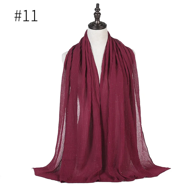 11 maroon Shimmer Crinkled шарф простой мусульманский хиджаб оголовье Женский вискоза морщин мягкий шарф исламский блеск тюрбан длинная шаль 170x70 см - Цвет: 11 maroon