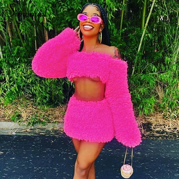 

Simenual Faux Lambswool Club Pink Matching Sets Women Off Shoulder Long Sleeve Sexy Party Crop Top And Skirt Two Piece Outfits