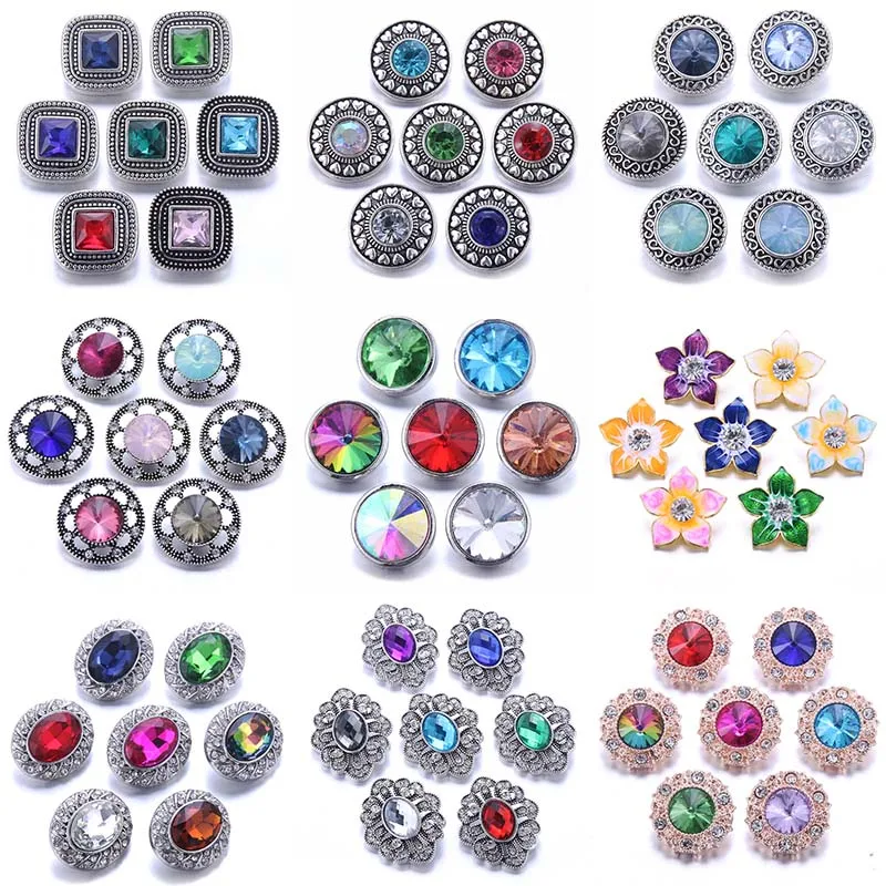 

10pcs/lot Wholesale Multicolor Snap Jewelry 18mm Snap Buttons Mix Rhinestone Metal Flower Snaps Buttons for Snap Bracelet Bangle