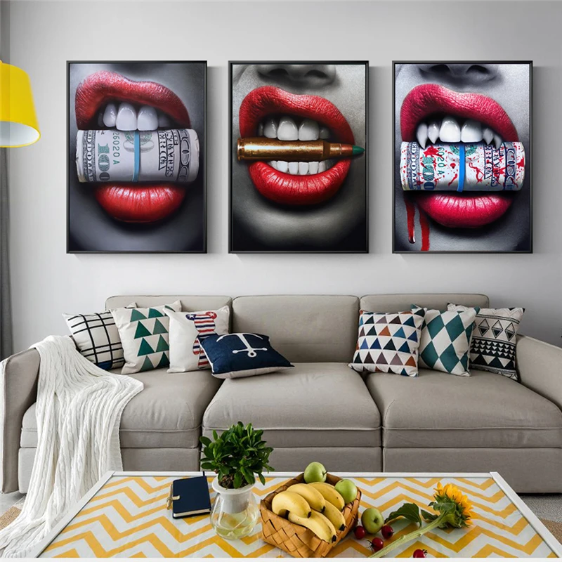 

Sexy Bleeding Red Lips Wall Art Canvas Prints Modern Lips With Bullet and Money Canvas Art Paintings Cuadros Pictures Wall Decor