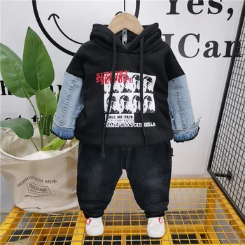 

Children's Clothing 2019 Winter New Boys Korean Handsome Suit Children's Denim Plus Velvet Thick Sweatshirt+jeans 2pcs Suits