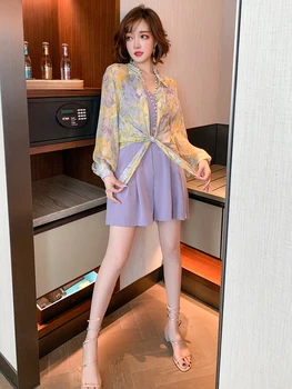 

Trendy Lantern Sleeve Printed Shirt + Top Shirt with Narrow Straps + Wide Leg Shorts Three-Piece Suit Fashion Summer New