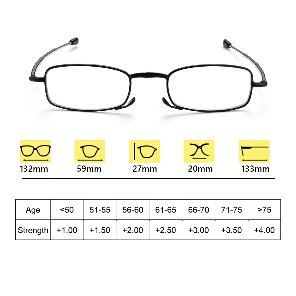 Hot Fashion Mini Design Reading Glasses Men Women Folding Small Glasses Frame Black Metal Glasses With Original Box Portable 5