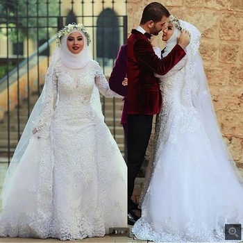 

2019 new arrival white lace appliques beaded high neck wedding dress long sleeve modest muslim women bride gowns hot sale