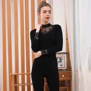 

Mid-neck Lace Waist Thermal Underwear Suit Female Self-cultivation Ladies Autumn Clothes Long Trousers Base Warming Suit Fashion