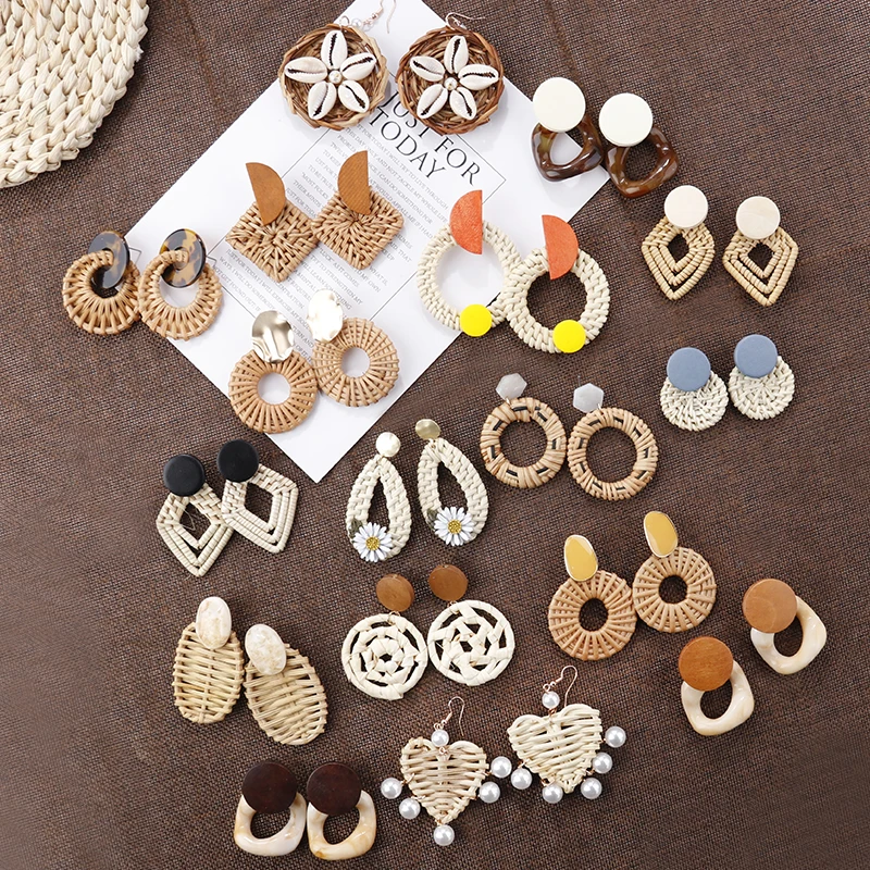 Lifefontier Bohemia Handmade Wooden Drop Earrings Straw Weave Rattan Vine Braid Round Shell Flower Earrings Geometric Jewelry