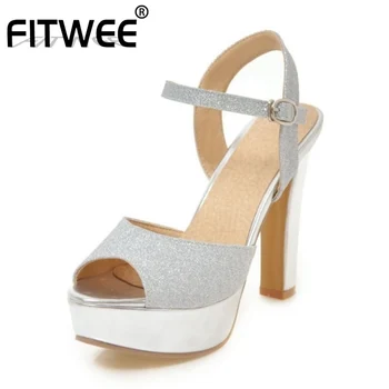 

FITWEE 4 Colors Summer Women Sandals Shoes Fashion Peep Toe Platform Shoes Women Buckle Thick High Heels Footwear Size 34-43