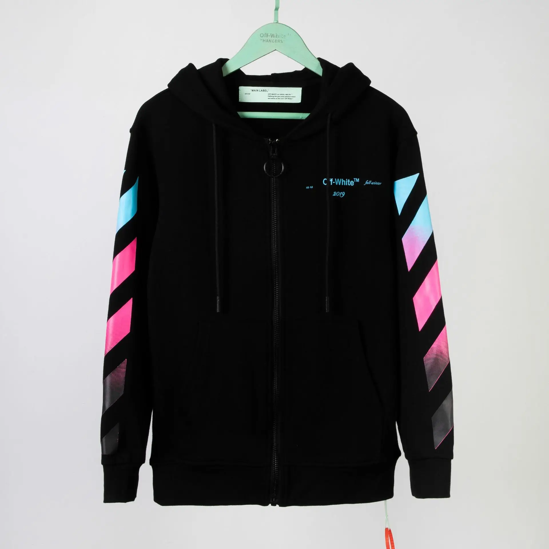 OFF-WHITE W высококачественный осенне-зимний градиентный цветной Мужской свитшот на молнии с капюшоном