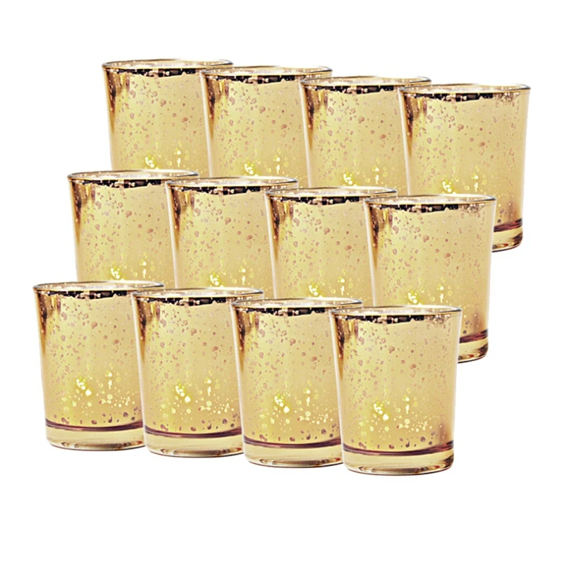 Gold Votive Candle Holder Bulk Mercury Glass Tealight 12 of Set For Wedding V0A0 
