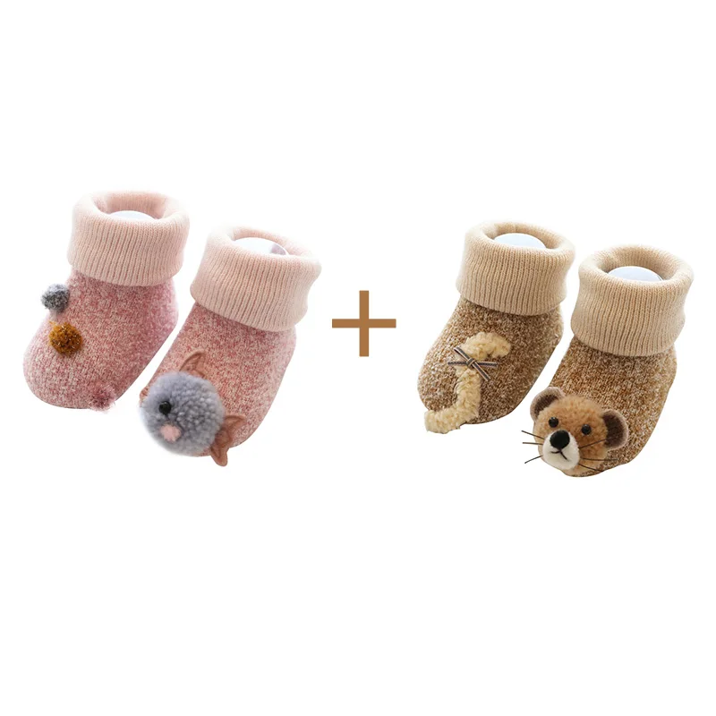 Winter Baby Socks Middle Tube Coral Velvet Animal Cotton Baby Girls Boys Socks Anti-Slip Warm Floor Socks 0-24 Months - Цвет: Pink and Brown