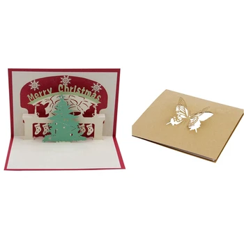 

2 Pcs 3D -Up Greeting Card Postcard Handmade Happy New Year Post Card, Christmas Tree & Butterfly Dances