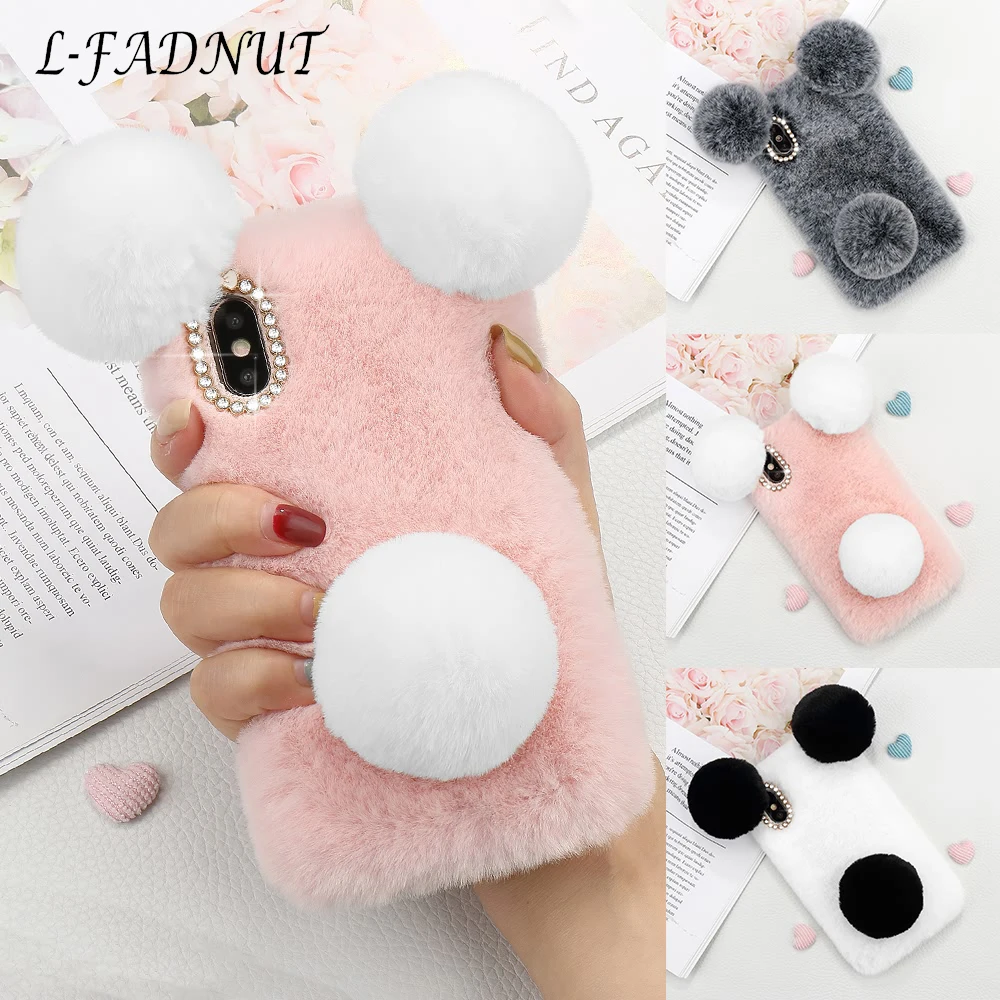 

L-FADNUT Luxury 3D Panda Ear Cute Plush Fur Fluffy Phone Case For iPhone 11 Pro Max Xr X Xs 6 6S Plus 7 8 5 5S SE Silicone Cover