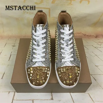 

MStacchi Genuine Leather Men's Casual Shoes Fashion Strange Rivet Rhinestone Classics Cross-tied Wearproof Male Vulcanized Shoes