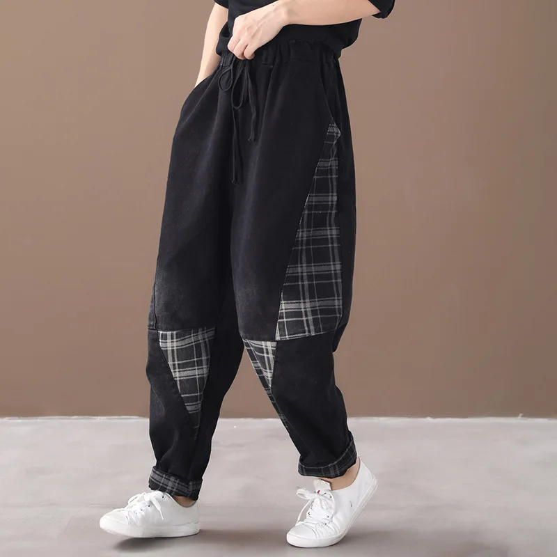 Women Jeans Autumn Winter Fashion Elastic Waist Elastic Waist Denim Pants New Ladies Loose Casual Vintage Plaid Trousers - Цвет: Черный