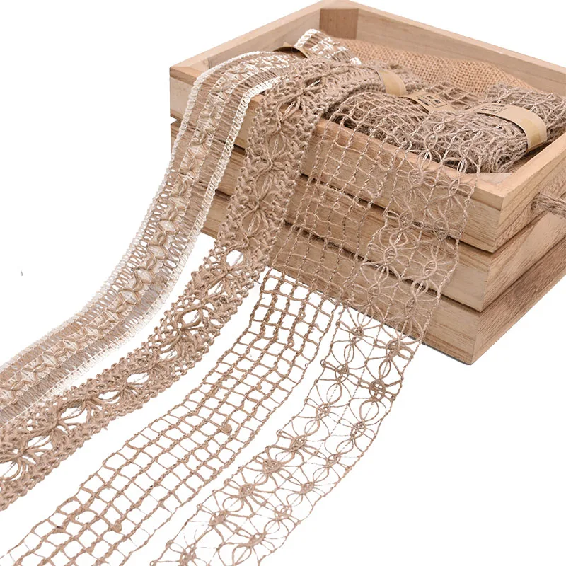 2M 3.5~5cm Width Natural Jute Burlap Roll Ribbon Vintage Hollow Weave Hemp Rope Wedding Party Gift Box Decor Supplies DIY Crafts