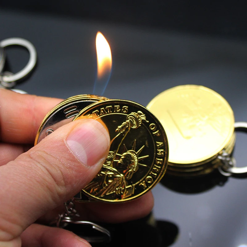 

New Metal Free Fire Butane Lighter Keychain Creative Compact Gas Lighter Inflated Jet Pendant Coin Bar One Dollar Gift Key Chain