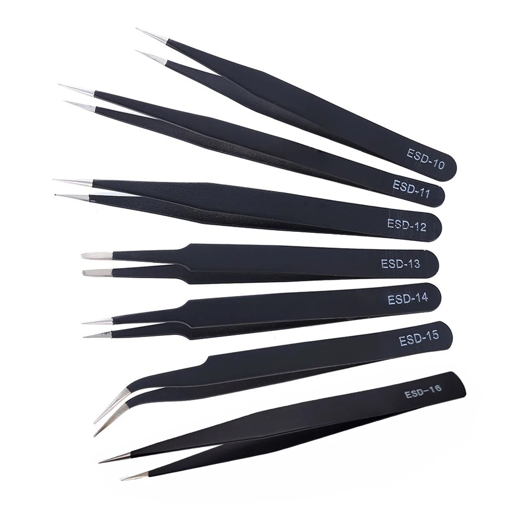 Anti-static ESD Stainless Steel Tweezers 1/6 PCS Maintenance Tools Industrial Precision Curved Straight Tweezers Repair Tools