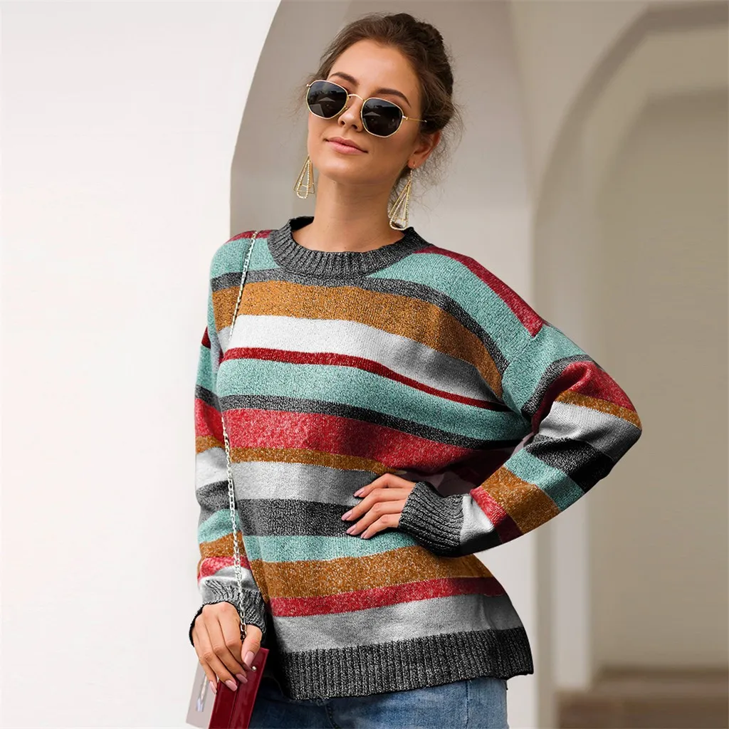 

Pull Femme Hiver Dames New Plus Size Women Knitted Patchwork Stripe Long Sleeve O-Neck Sweater Top