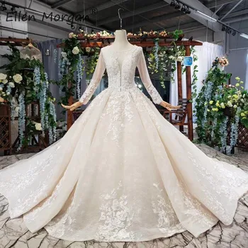 

Vestidos De Novia Long Sleeves Ivory Ball Gowns For Bridal 2020 New Boat Neck Lace Applique Beaded Illusion Wedding Dresses