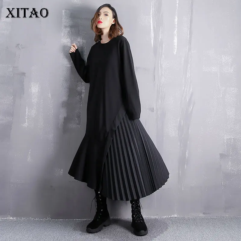 

XITAO French Hepburn Style Long Sleeve Dresses Plus Size Irregular Patchwork Pleated loose Dress Women Black Loose Trend DMY3822