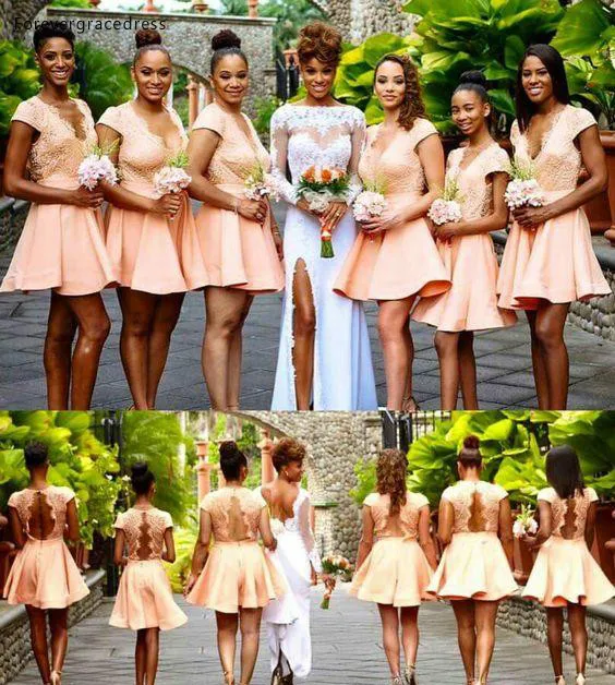 Chic Short Western Country Garden Weddings Bridesmaid Dresses 2017 A Line Mini Cocktail Dresses Appliques Backless Homecoming Gowns 87