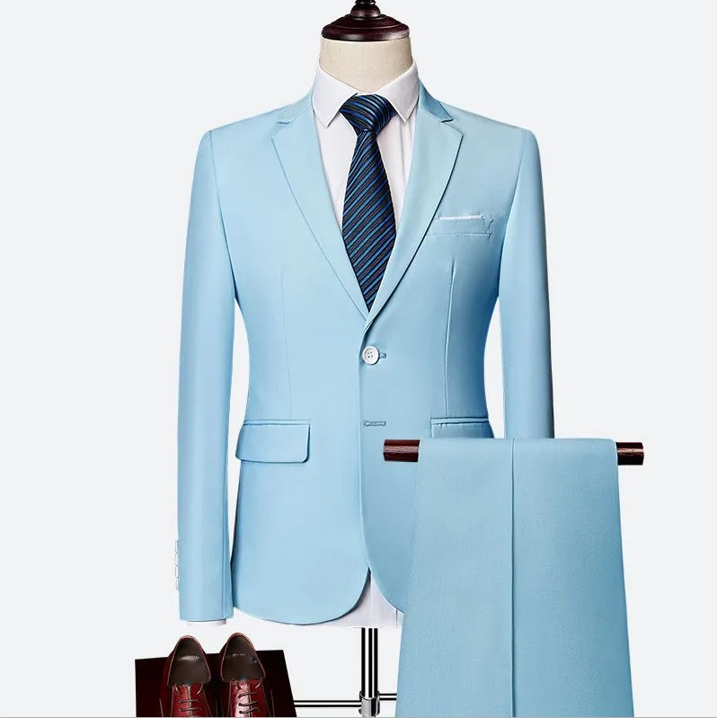 Sky Blue Пиджак+ брюки, новые мужские деловые тонкие костюмы, одноцветные Свадебные офисные костюмы, двухсекционный костюм, блейзеры, пальто, брюки, жилет - Цвет: Sky Blue