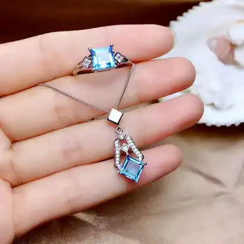 

Fidelity Natural 6mm blue topaz s925 sterling silver Exquisite fine jewelry sets for women natural gemstone ring Pendant