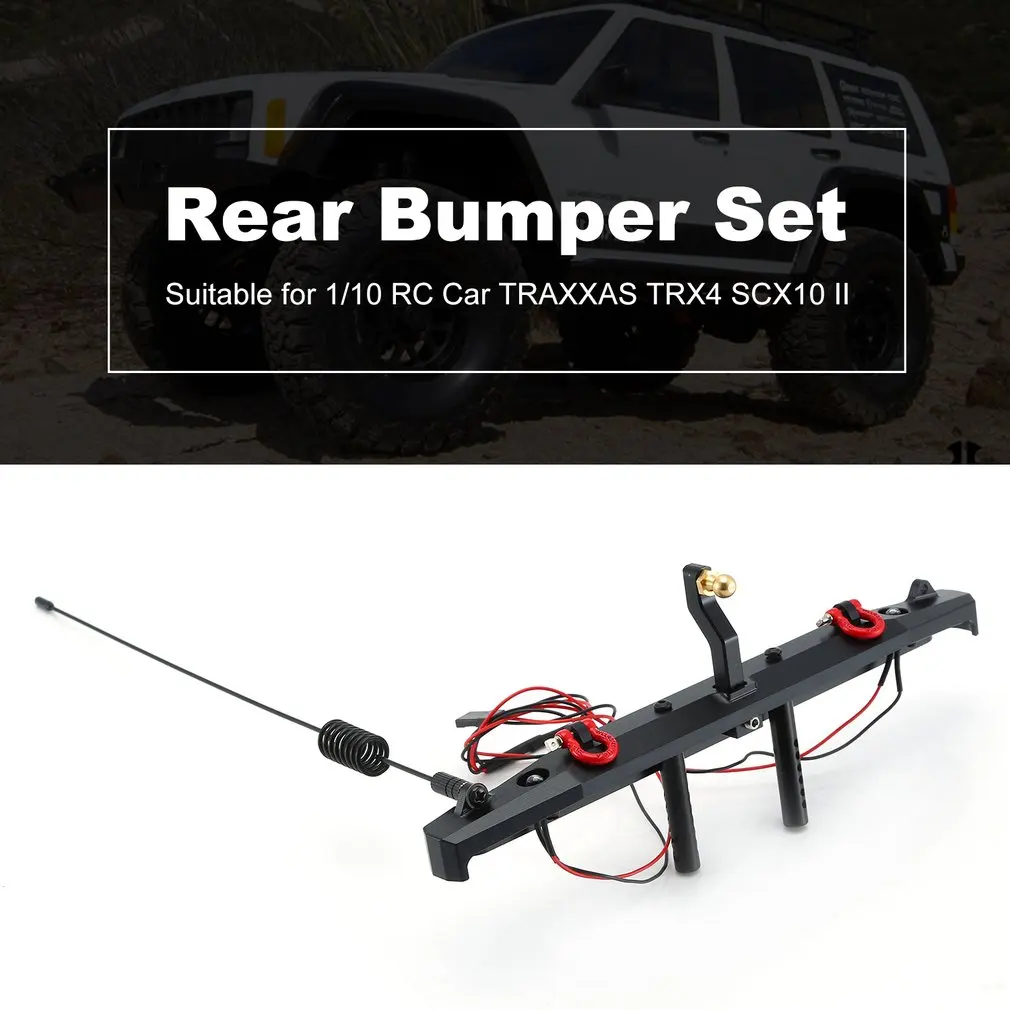 

RC Car Metal Alloy Rear Bumper Collision Avoidance For Traxxas TRX-4 TRX4 Axial Scx10 Scx10-II with Hooks, Lights and Antenna