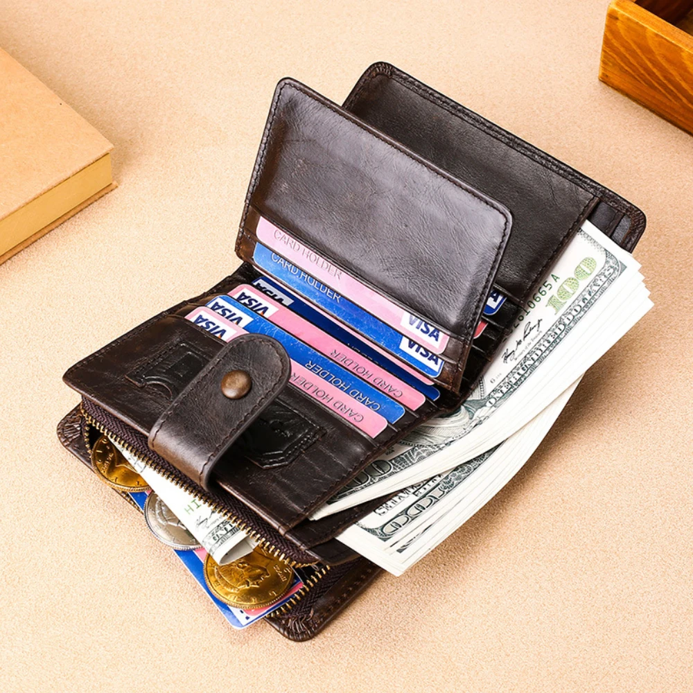 Men's Wallet Men Small RFID Blocking Pocket Crazy Horse Genuine Leather Wallet With Flip ID Vintage Coin Purse For Male