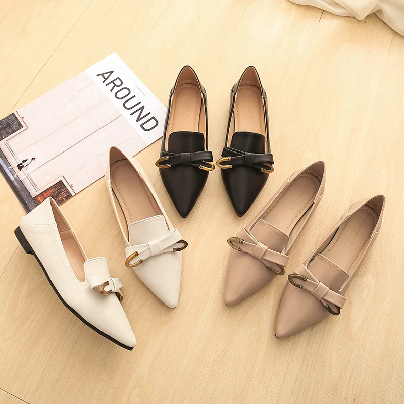 

Shoes Women Pointed Toe Flats Loafers Leather Shallow Slides Bow Knot Slip on Plus Size Comfortable Shoes Black Apricot White