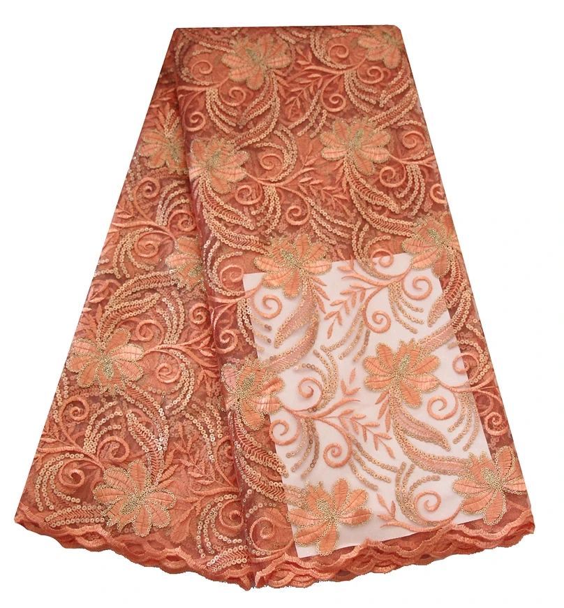 

Latest Aso Ebi Styles 2019 Peach Sequins Lace Fabric Nigerian Dress Garments Mesh Tulle Lace Fahion Afraicn