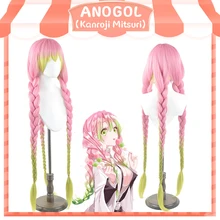 Anogol, новинка, парики для косплея, Demon Slayer Kanroji Mitsuri, синтетические парики для косплея, Kimetsu no Yaiba, длинные, розовые, Микс, зеленая коса, парик для косплея