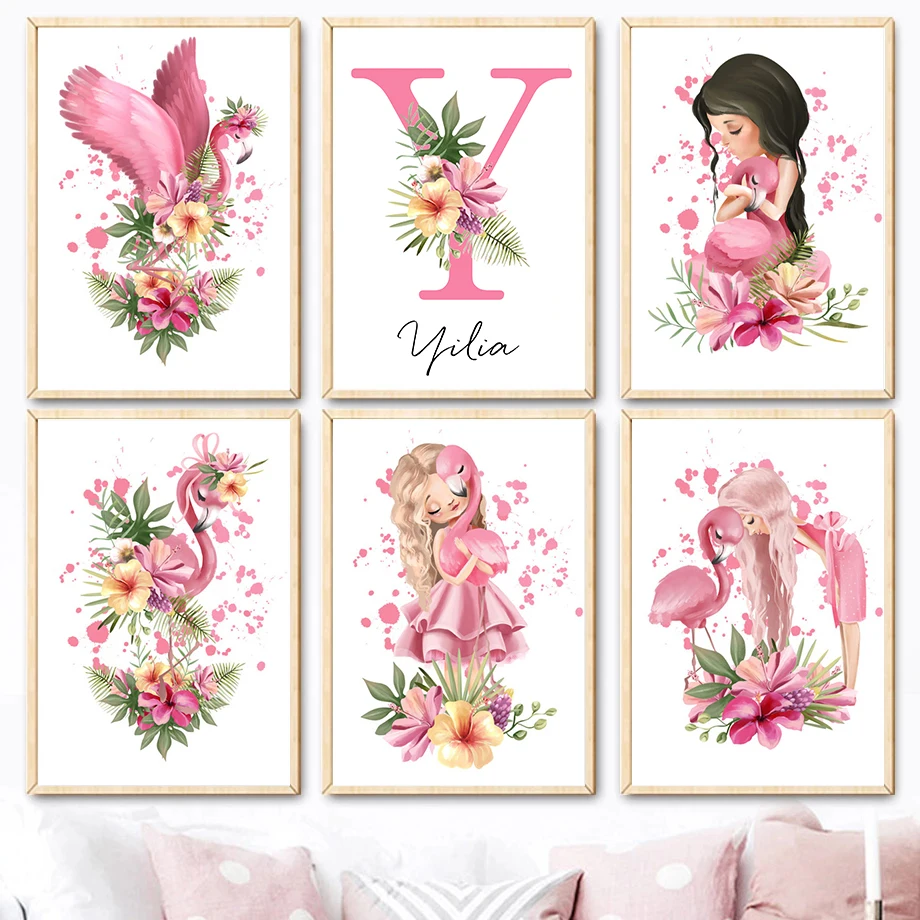 

Custom Girl Name Wall Poster Nursery Personalized Wall Art Pink Flower Flamingo Canvas Painting Decoration Baby Bedroom Picture
