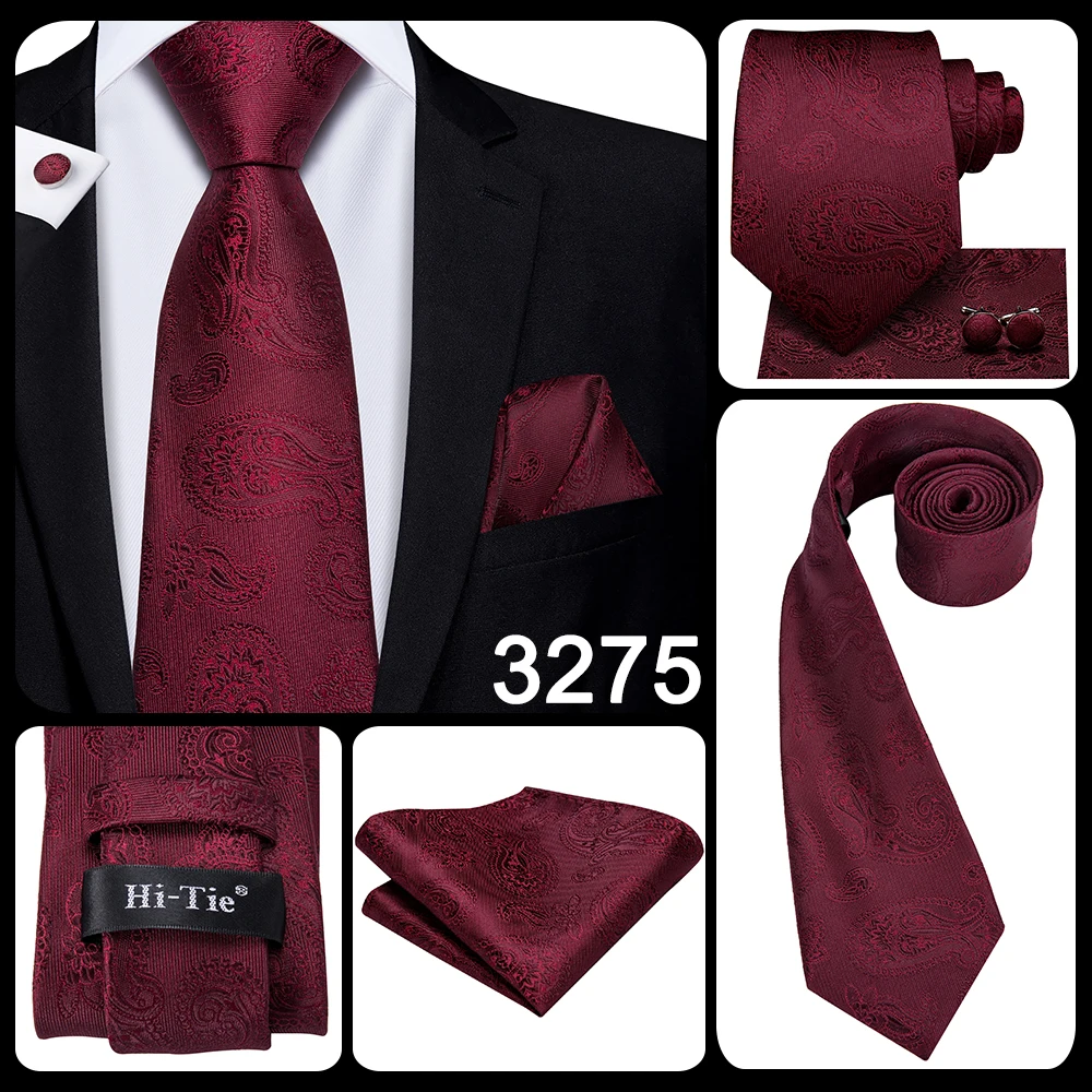 Hi-Tie White Red Striped Paisley Solid Wedding Tie For Men Design Mens Necktie Hanky Cufflink Business Party Dropshipping