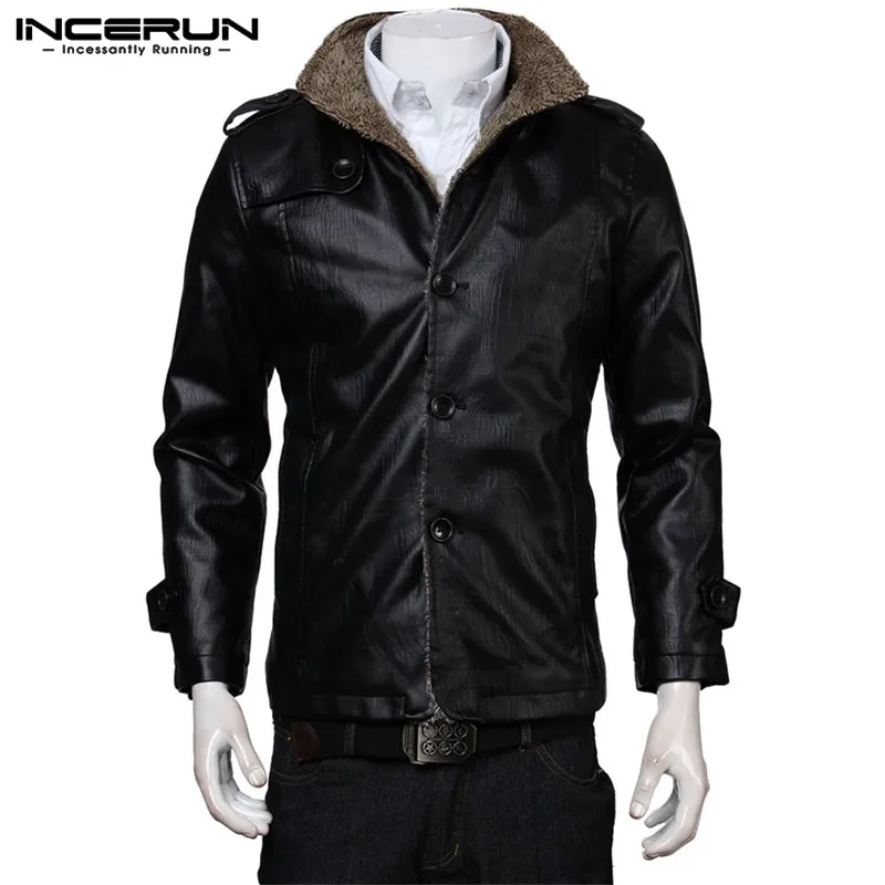 INCERUN, зимние теплые мужские одноцветные повседневные кожаные куртки с длинным рукавом и воротником, модные тонкие мужские ветрозащитные куртки с кнопками для фитнеса