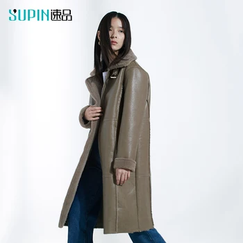 

SUPIN Spring Women Lapel Fur Coat Fashion Solid Loose Long Sleeve Zipper Female Mid Long Thick Coat 518450016