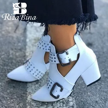 

RIZABINA Women Ankle Boots Sexy Pointed Toe Boots Zip Strap Rivet Shoes Women Buckle Boots Autumn Footwear Size 35-43