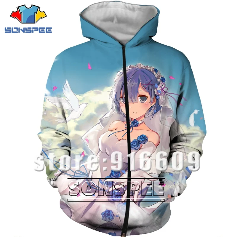 Re Zero Rem 3D Print Hooded Sweatshirt Women Men Ram Anime Hoodies Casual Design Jacket Harajuku style Pullover Zipper Hoodie (5)