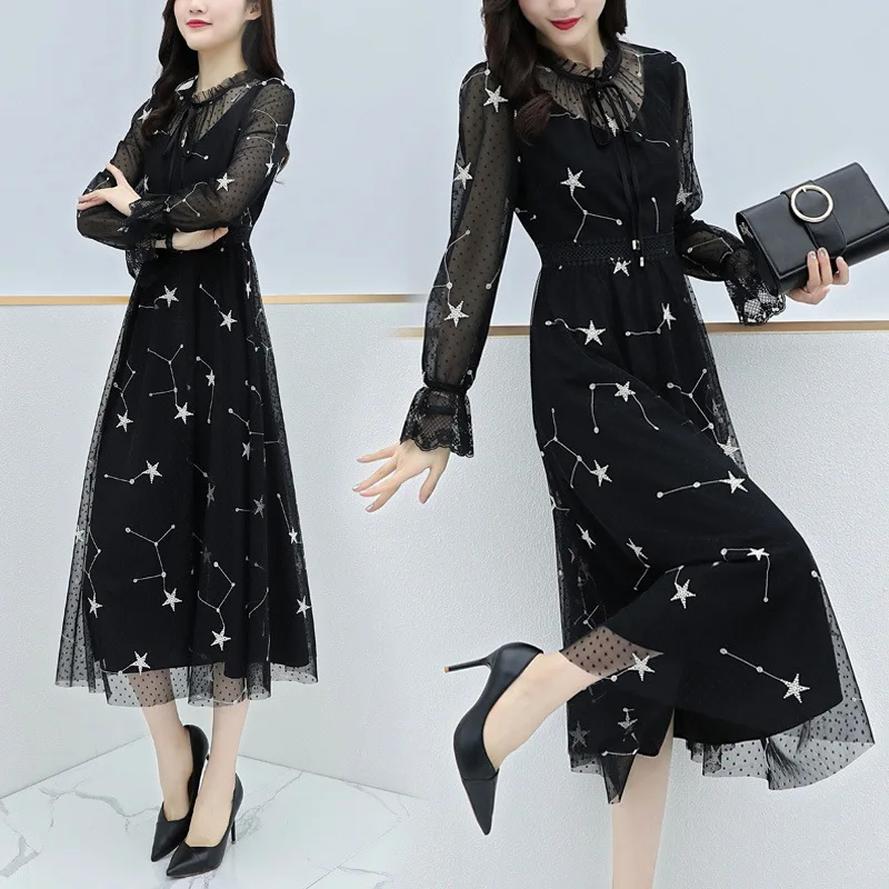 

2019 New Style WOMEN'S Dress Spring Korean-style Popular Skirt CHIC Gentle Fairy Skirt Spring Long-sleeved Dress Summer Influx