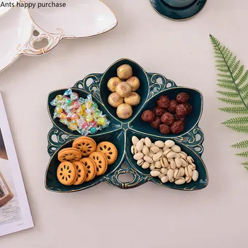

European Style Snack Plate Petal Shape Ceramic Plate Dark Green White Fruit Dried Fruit Plates Decoration Snack Candy Bowl