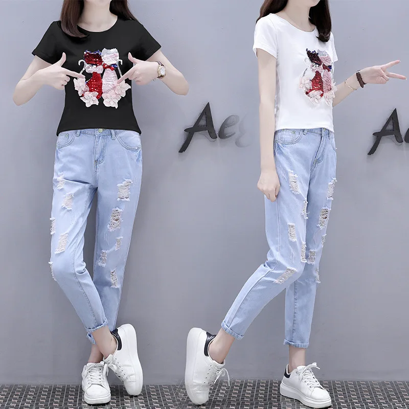 

Spring And Summer Women's 2020 New Style Korean-style Online Celebrity Short Sleeve T-shirt + with Holes Jeans Set Fashion Weste
