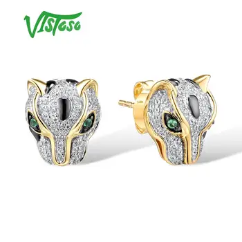 شراءVISTOSO أقراط الذهب للنساء حقيقية 14K 585 الذهب الأصفر ليوبارد أقراط العقيق الأخضر تألق الماس غرامة مجوهرات