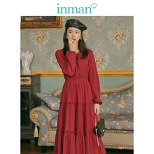 INMAN, осень, Новое поступление, Молодежный литературный стиль, кружевное, v-образный вырез, элегантное, романтичное, красное вино, женское платье трапециевидной формы