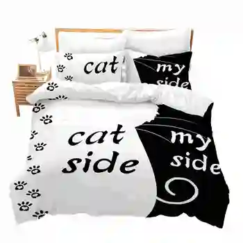 

New Black & White Style Quilt cover Set Creative Cat Side With My Side Duvet Cover Pillowcase Couple Bedding Set