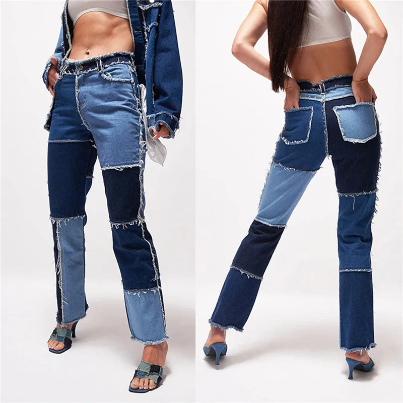 Calças jeans de retalhos para mulheres, calças